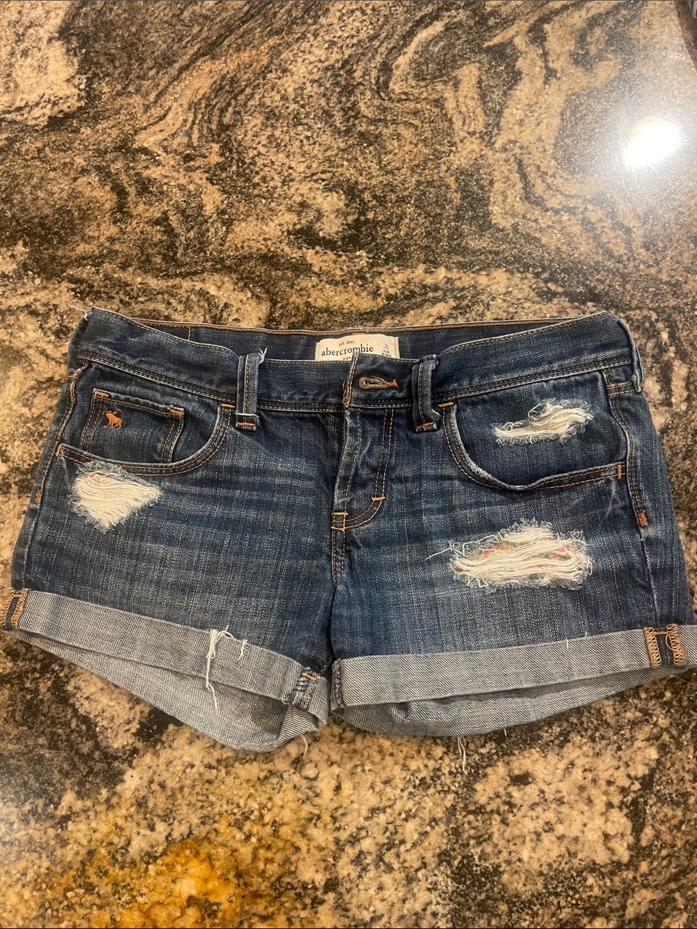Abercrombie & Fitch Dark Blue Distressed Rolled Cuff Jean Shorts